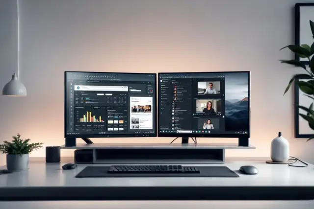 Dwa monitory z widokiem na wykresy i wideokonferencję.