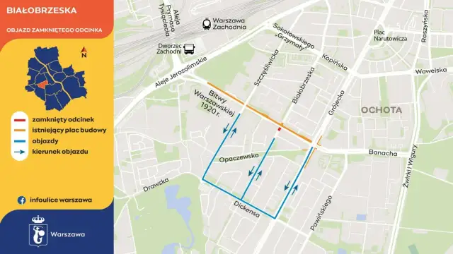 Mapa objazdów dla zamkniętego odcinka przy Dworcu Zachodnim w Warszawie. Wskazuje trasy objazdów i kierunki ruchu.