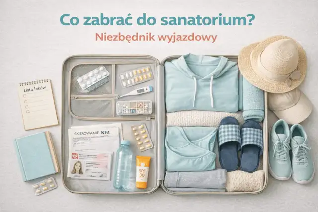 Otwarta walizka z ubraniami, lekami, dokumentami i akcesoriami podróżnymi.