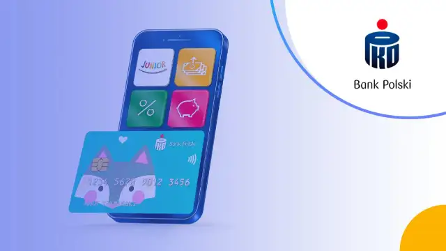 Smartfon z aplikacją PKO Junior i kartą z liskiem. Sprawdź, jakie oprocentowanie oferuje PKO Junior dla młodych oszczędzających.