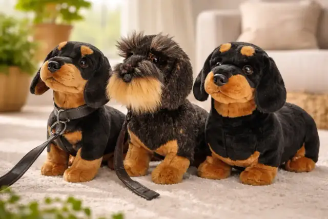 Trzy pluszowe jamniki siedzące na dywanie, dwa czarne z brązowymi łatami, jeden z dłuższym futrem.