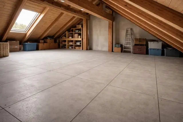 Pusta przestrzeń na podłodze na strychu, z drewnianymi belkami, oknem dachowym i schowkami pełnymi pudeł. Idealne miejsce na przechowywanie.