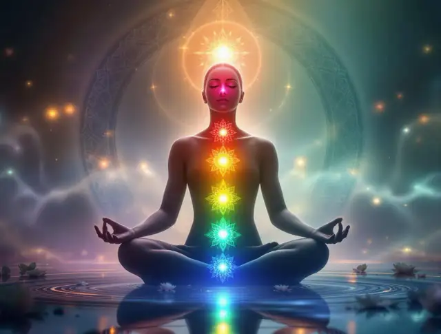 Kobieta w pozycji medytacyjnej z kolorowymi czakrami wzdłuż kręgosłupa.