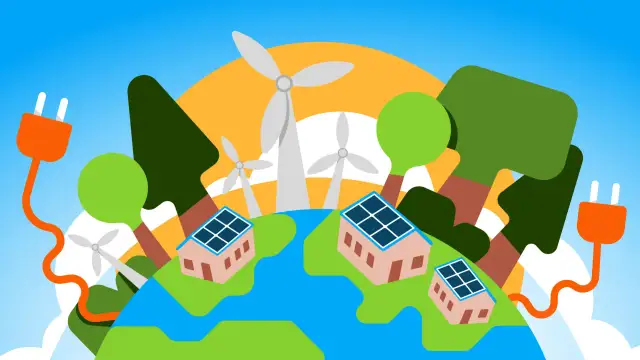 Ilustracja przedstawia Ziemię z domkami, panelami słonecznymi, wiatrakami i wtyczkami elektrycznymi.
