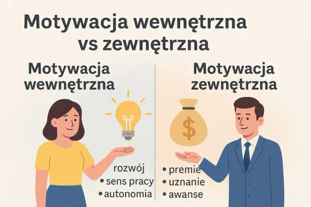 Ilustracja porównuje motywację wewnętrzną (kobieta, żarówka, rozwój, sens pracy, autonomia) z zewnętrzną (mężczyzna, worek pieniędzy, premie, uznanie, awanse). Przykłady jak motywować pracowników.