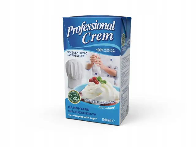 Wielofunkcyjna śmietana roślinna 31% Professional Crem, bez laktozy i glutenu, idealna do deserów. Gdzie kupić? Sprawdź opakowanie!