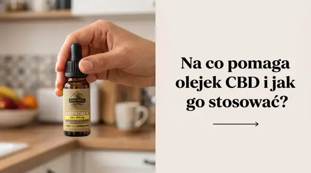 Dłoń trzyma buteleczkę olejku CBD. Tekst pyta: "Na co pomaga olejek CBD i jak go stosować?".