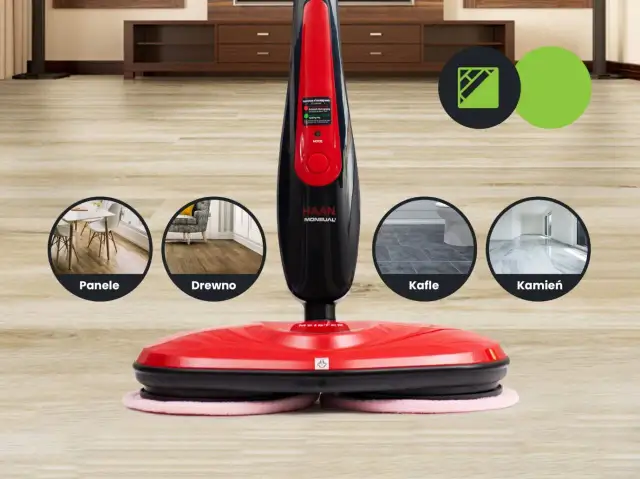 Czerwony mop parowy z okrągłymi zdjęciami paneli, drewna, kafli i kamienia.