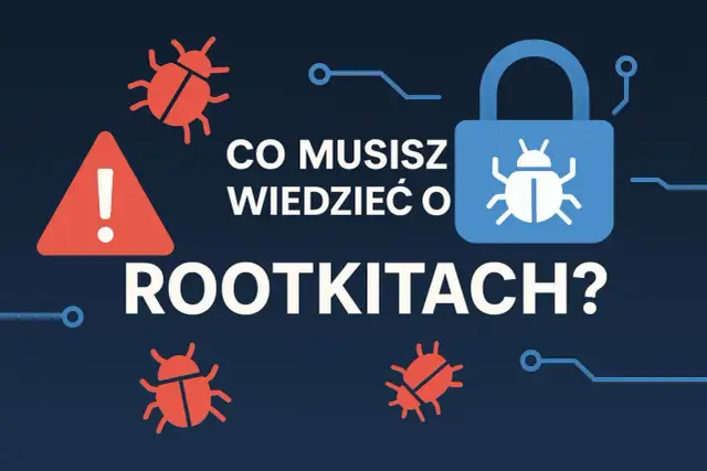 Co musisz wiedzieć o rootkitach? Grafika przedstawia ostrzeżenie i kłódkę z symbolem robaka, sugerując zagrożenie ze strony rootkitów.