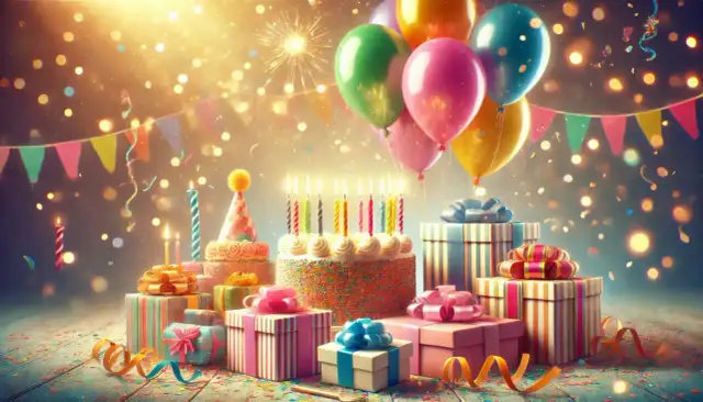 Wspaniałe życzenia na 50 urodziny! Tort, prezenty, balony i konfetti tworzą magiczną atmosferę.