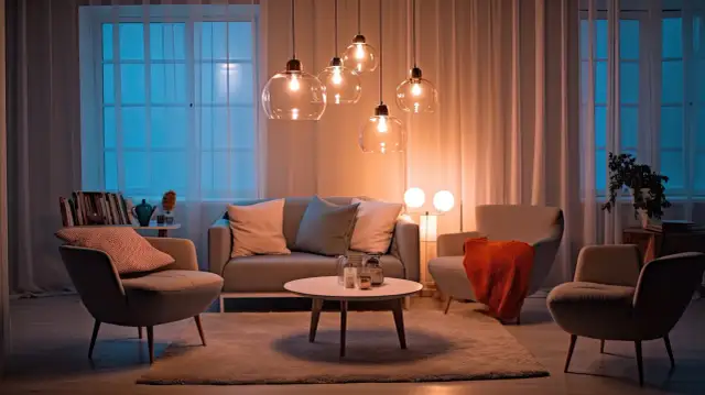 Pięć szklanych lamp wiszących nad kanapą i fotelami. Idealny żyrandol do małego pokoju, tworzący przytulną atmosferę.