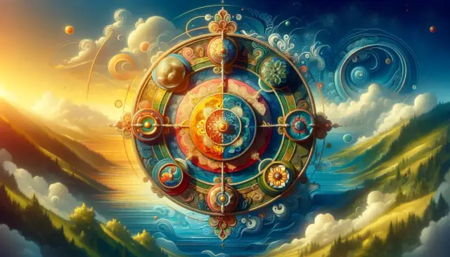 Kolorowa mandala na tle krajobrazu z górami, wodą i niebem.