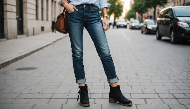 Czarne botki na niskim obcasie świetnie pasują do jeansów z podwiniętymi nogawkami. Idealne pytanie: jakie buty do kulotów?