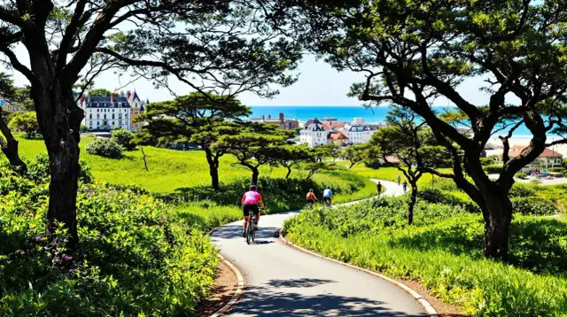 Rowerzyści na ścieżce w Darłówku z widokiem na morze i zabudowania.