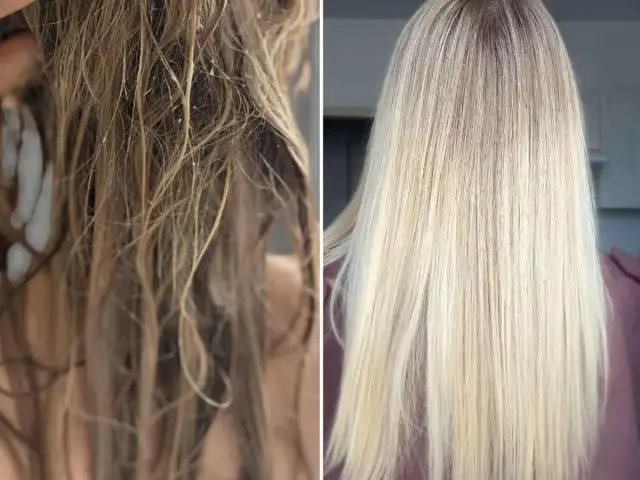 Porównanie włosów: przed i po zastosowaniu Olaplex No. 6.