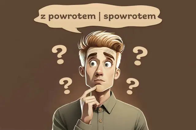 Zamyślony mężczyzna z pytajnikami wokół głowy i dymkiem z napisem "z powrotem | spowrotem".