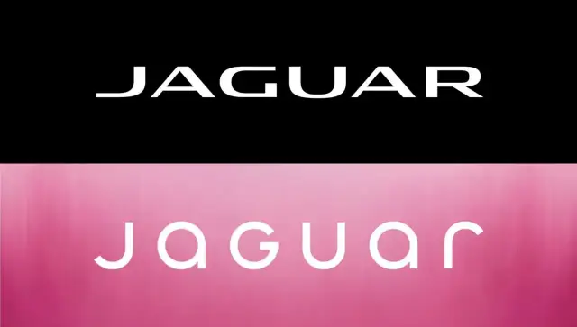 Dwa nowe loga samochodów Jaguar. Klasyczne białe litery na czarnym tle i nowoczesne, zaokrąglone na różowym tle.