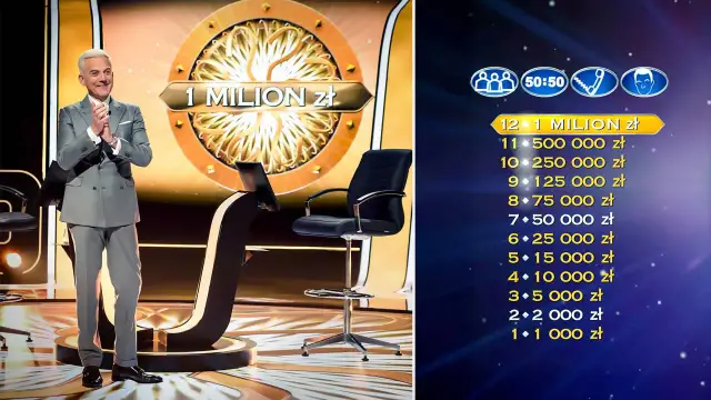 Prowadzący w studio "Milionerów" czeka na pytanie za milion. Na ekranie widoczna jest drabinka nagród.