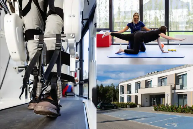Rehabilitacja w egzoszkielecie, ćwiczenia z fizjoterapeutką, nowoczesny budynek placówki medycznej.
