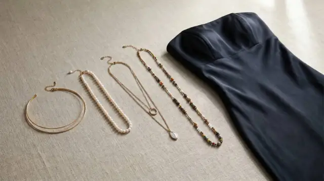 Granatowa sukienka i kilka naszyjników tworzą eleganckie komplety wieczorowe.