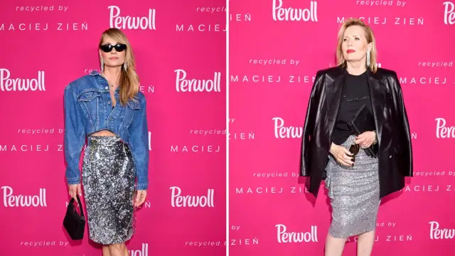 Dwie kobiety prezentują stylizacje ze srebrną spódnicą: jedna w jeansowej kurtce crop top, druga w skórzanej ramonesce. Inspiracja, co założyć do srebrnej spódnicy.