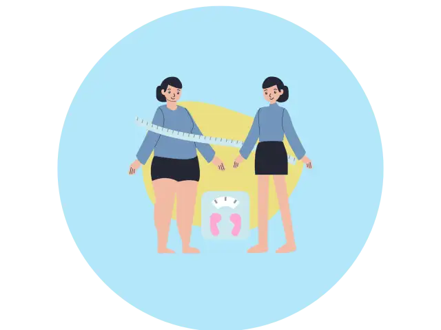 Dwie kobiety, jedna z nadwagą, druga szczupła, mierzone centymetrem. Waga łazienkowa symbolizuje **efekt plateau** w odchudzaniu.