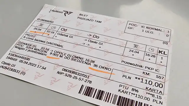Bilet PKP z Gdańska do Opola, ważny 24.04. Jak zaksięgować bilet PKP? Cena 110 zł.