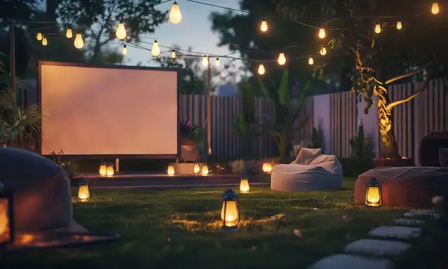 Magiczny wieczór w ogrodzie. W tle ekran kinowy, a wokół migoczące latarenki i girlandy świetlne tworzą niepowtarzalny klimat.