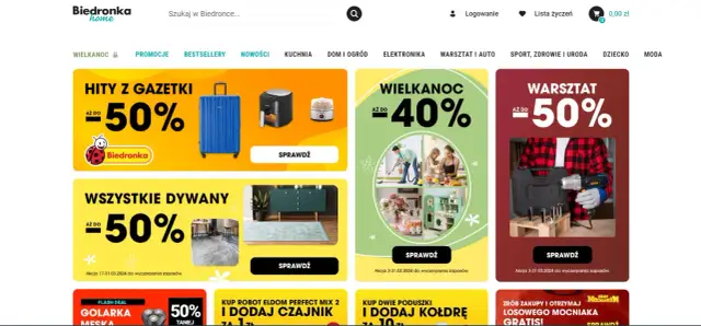 Biedronka Home: promocje wielkanocne, zniżki do 50% na walizki, sprzęt AGD, dywany i narzędzia.