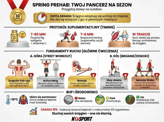 Grafika o przygotowaniu do sezonu, zawiera protokół suplementacyjny i ćwiczenia na górę i dół ciała. Wskazówki dotyczące treningu marszowego i BHP.
