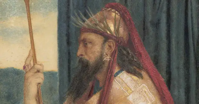 Mędrzec z brodą i złotą koroną, autor księgi Eklezjastesa, trzyma laskę.