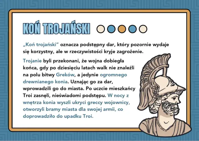 Ilustracja przedstawia greckiego wojownika w hełmie i tekst o "koniu trojańskim".