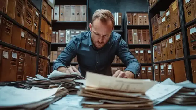 Mężczyzna przegląda sterty dokumentów w archiwum. Czy zbierać faktury z budowy domu? Tu znajdziesz odpowiedź.