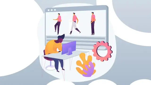 Ilustracja przedstawia mężczyznę pracującego przy komputerze, na ekranie którego widnieją animowane postacie.