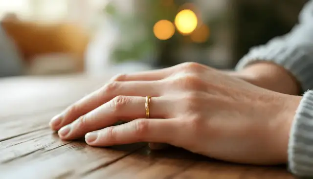 Dłonie z obrączką na lewej ręce na drewnianym stole.