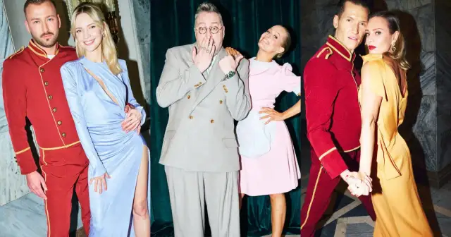 Tancerze zawodowi w strojach z "Tańca z Gwiazdami" pozują do zdjęcia. Eleganckie kreacje i teatralne pozy tworzą atmosferę wielkiego show.