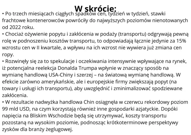 Stawki frachtowe kontenerowców rosną, wpływając na koszty transportu. Spekulacje i napięcia geopolityczne podnoszą perspektywy zysków dla żeglugi.