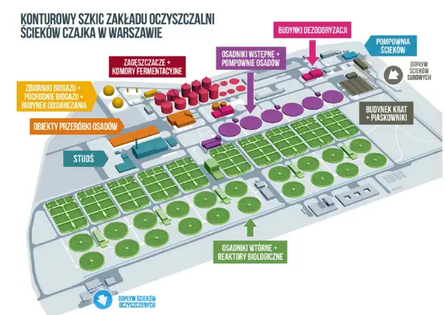 Schemat oczyszczalni Czajka w Warszawie. Pokazuje etapy oczyszczania ścieków, od dopływu po odpływ. Co dalej z oczyszczalnią Czajka?