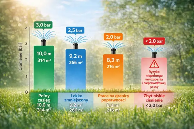 Wykres porównujący ciśnienie zraszaczy wynurzalnych (3,0, 2,5, 2,0 bar) i jego wpływ na zasięg i pracę.