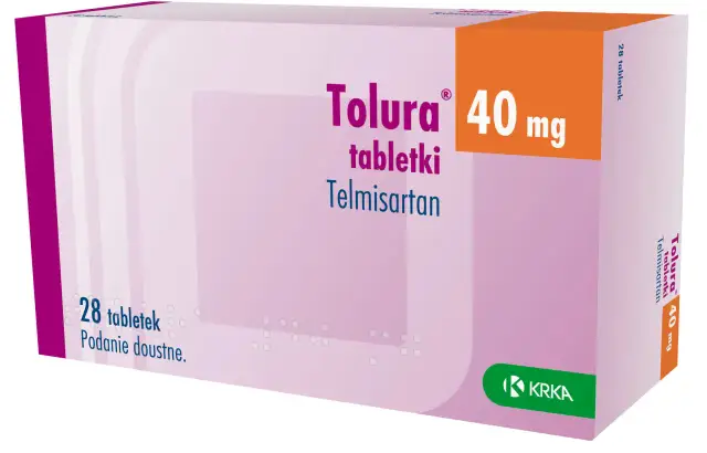 Opakowanie leku Tolura 40 mg z telmisartanem, zawierające 28 tabletek.