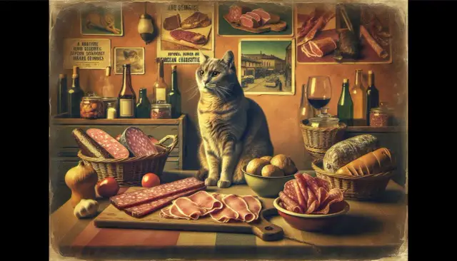 Kot siedzi przy stole pełnym wędlin, parówek, pieczywa i warzyw.