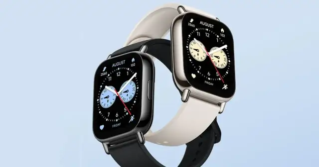 Dwa eleganckie smartwatche, czarny i beżowy, prezentują swoje tarcze. Zobacz, jakie funkcje ma smartwatch, od daty po aktywność fizyczną.