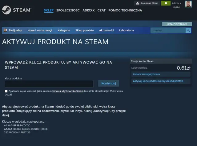 Strona aktywacji produktu na Steam z polem na klucz i przyciskiem "Kontynuuj".