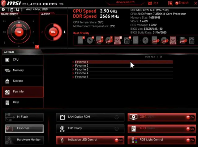 Ekran BIOS MSI Click BIOS 5. Widoczny jest interfejs EZ Mode, opcje takie jak CPU, Memory, Storage, Fan Info. W prawym górnym rogu znajduje się informacja o wersji BIOS. To dobry punkt wyjścia, by dowiedzieć się, jak zaktualizować BIOS.