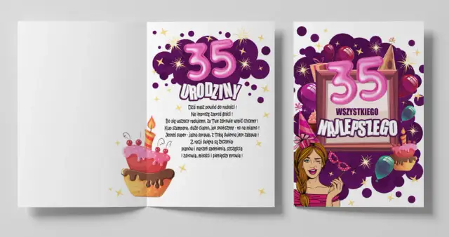 Wesołe życzenia na 35 urodziny z tortem i balonami. Jubilatce życzymy spełnienia marzeń, szczęścia i miłości.
