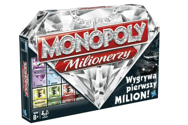 Pudełko gry Monopoly Milionerzy z diamentowym wzorem i ikonami pieniędzy.