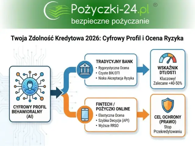 Schemat porównujący tradycyjny bank i fintech pod kątem oceny zdolności kredytowej i ryzyka.