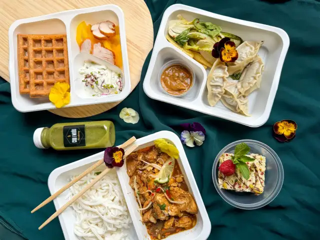 Kilka pojemników z jedzeniem dietetycznym: gofry, kurczak, pierożki, makaron ryżowy, deser.