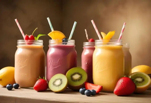 Kolorowe musy owocowe w słoikach, z owocami i słomkami. Czy musy owocowe są lekkostrawne? Tak, te wyglądają na pyszne i łatwe do strawienia!