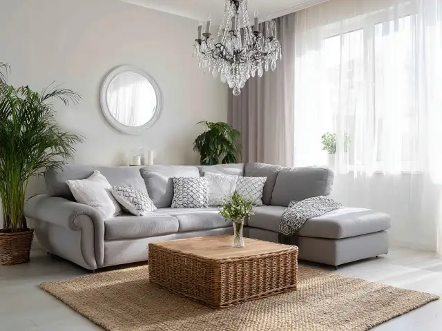 Przytulny salon w stylu boho glamour: szara kanapa, wiklinowy stolik, kryształowy żyrandol i dużo zieleni.